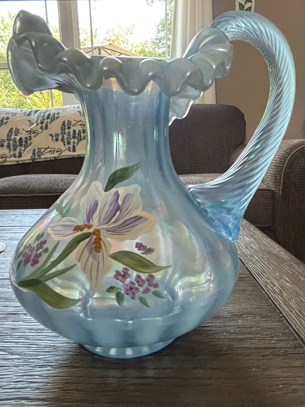 Fenton Iridescent Blue Hand-Painted Floral Pitcher